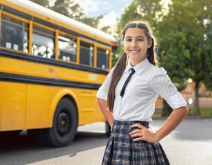Niña con uniforme delante del autobús escolar - obrazy, fototapety, plakaty