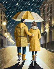 pareja paseando bajo la lluvia bajo el mismo paraguas, con chubasquero y botas de agua