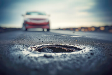 A pothole on a city road, surrounded by rainwater and dirt, emphasizing the challenges of travel on...