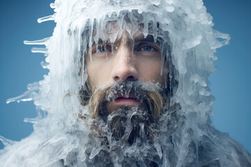 a person, braving the icy conditions with a serious expression, showcasing the challenging weather faced during an active expedition in the north. - obrazy, fototapety, plakaty