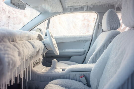 frozen and icy car interior, highlighting the challenges of extreme cold and the importance of proper heating and cooling systems.