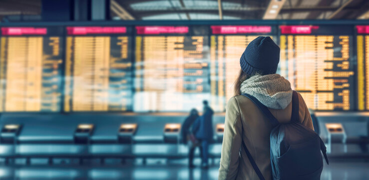 Passengers in a train terminal, checking the information display for their holiday trip and arrival details.