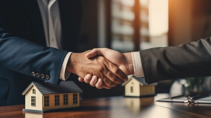 Real estate agent shaking hands with new client. Generative AI - obrazy, fototapety, plakaty