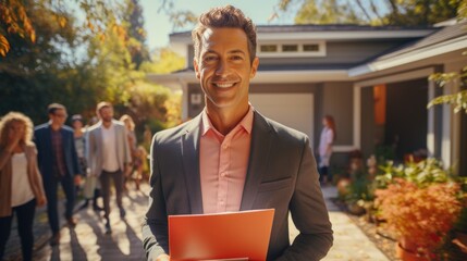 Real estate agent holding sign for open house. Generative AI