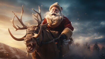 Reindeer pulling Santa Claus's sleigh through sky. Generative AI