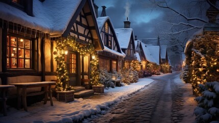 Snow-covered village at night, with Christmas lights twinkling in windows. Generative AI