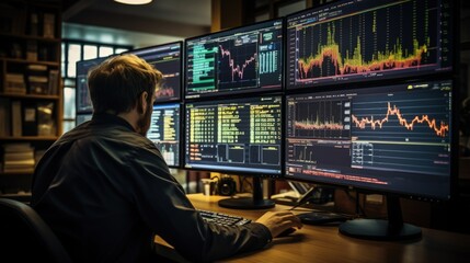 Trader monitoring stock market trends on multiple screens with graphs and charts. Generative AI