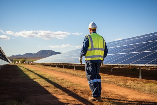 Technician walking through vast solar farm. Generative AI