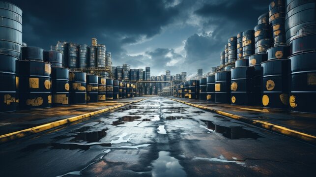 Warehouse filled with rows of barrels containing raw materials. Generative AI