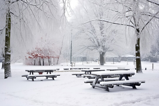 Picnic benches in the park covered with snow