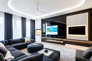The living room is a futuristic and high-tech space with smart home automation, a large curved television, and sleek, minimalistic furniture. Generative AI