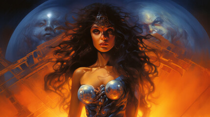 Fantasy warrior amazonian woman in tight dress surrounded by a blazing fireball, female warrior, colorful science fiction art