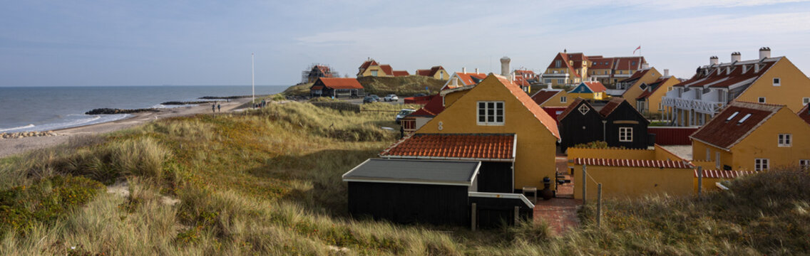 Panoramic view to the cozy coastal village of Gammel Skagen with traditional houses at the north sea in Nordjylland Denmark.