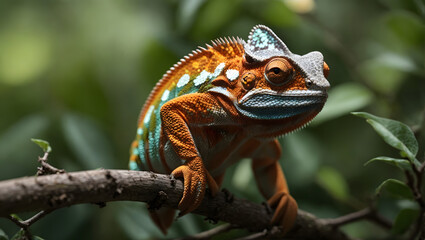 A close-up of a chameleon perched on a branch, blending seamlessly with its surroundings.