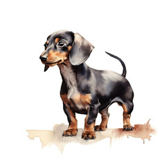 Dachshund puppy. Stylized watercolour digital illustration of a cute dog with big eyes.