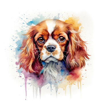 Blenheim Cavalier King Charles spaniel puppy on a white background. Cute digital watercolour for dog lovers.