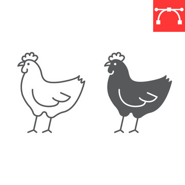 Chicken line and glyph icon, farm and agriculture, hen vector icon, vector graphics, editable stroke outline sign, eps 10.