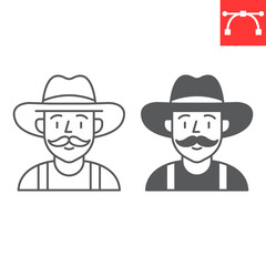 Farmer line and glyph icon, farm and agriculture, man in cowboy hat vector icon, vector graphics, editable stroke outline sign, eps 10.