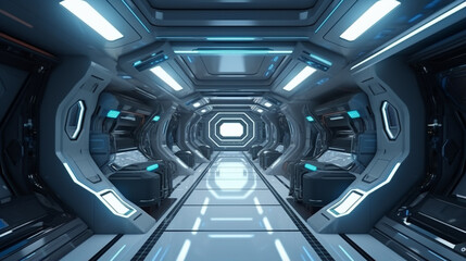 Futuristic Sci-Fi Hallway Interior with Computer and Monitor Screen on Wall. generative ai