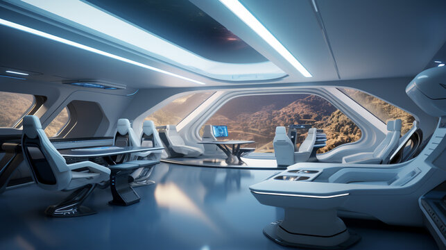 Corridor in futuristic scifi interior. living room futuristic interior space design. generative ai