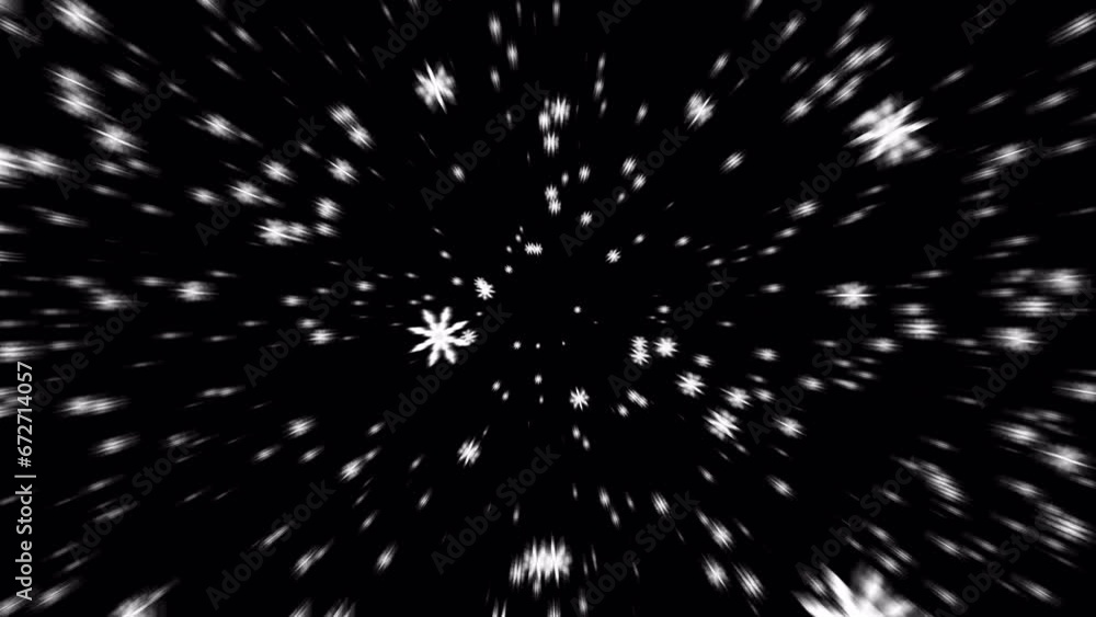 Poster beautiful loop falling moving white starflakes particles radial blurred animaiton on black abstract 
