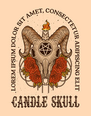 Illustration Hand drawn. Goat skull candle with rose flower. Vector illustration