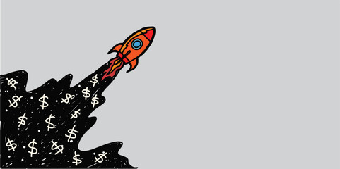 rocket launch in flat style isolated on grey background with dollar symbol. Business product concept. Start-up projects and product innovation. Vector illustration.