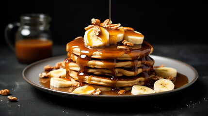 banana cashew pancakes with bananas and salted caramel with dark background - obrazy, fototapety, plakaty