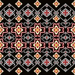 ethnic pixel embroidery seamless pattern of white, red, and yellow lines on a black background.