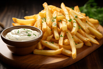 french fries with mayonnaise on a wooden board outside at sunny day. Tasty and delicious food photography for restaurants and shops. - obrazy, fototapety, plakaty