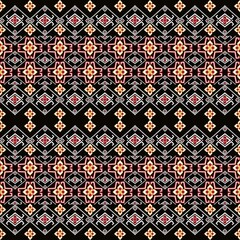 ethnic pixel embroidery seamless pattern of white, red, and yellow lines on a black background.