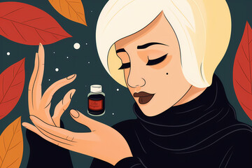 Pretty blonde woman in a cosmetic product advertisement. Close-up portrait of an attractive lady holding a bottle of essential oil in her hands