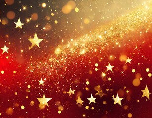 Fondo de Navidad de estrellas doradas, con polvo de oro, bokeh y fondo de color rojo
