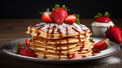 delicious pancakes with powdered sugar and strawberry