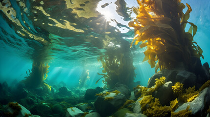 Fototapeta na wymiar underwater scene with sun rays, underwater scene with reef and fishes, Tranquil underwater scene with copy space,Nature habitat underwater