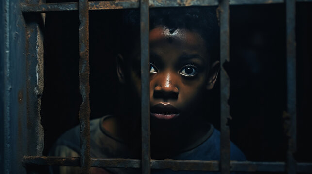 Young Black Boy Confined Behind Bars With Dirty Scratched Face Gazes With Hope, Evoking Heart Wrenching Concept Of Child Kidnapping, Safeguarding Children From Abduction And Harm