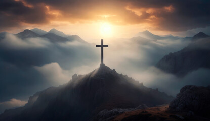 Christian cross on top of mountain at sunset. Religion, God, Christianity concept. Generative AI - obrazy, fototapety, plakaty