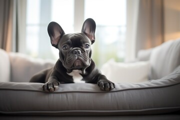 black French bulldog puppy dog lying on the couch in scandinavian home interior