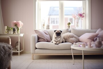 Pug dog or puppy lying on the couch in scandinavian home interior with pink decor details
