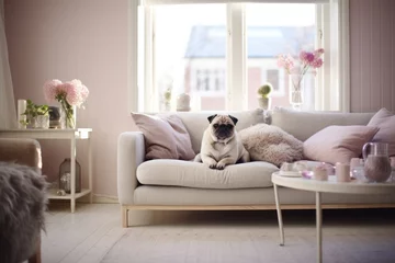 Fototapeten Pug dog or puppy lying on the couch in scandinavian home interior with pink decor details © Dina