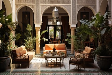 moroccan riad or riyad hotel patio interior design with lounge zone with orange couch and sofa with pillows view from above