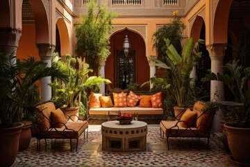 moroccan riad or riyad hotel patio interior design with lounge zone with couch and sofa with pillows