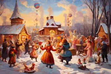 Deurstickers Maslenitsa traditional celebration greeting card. Winter Slavic culture holiday illustration © Dina