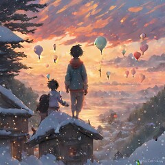 White snow on winter with child