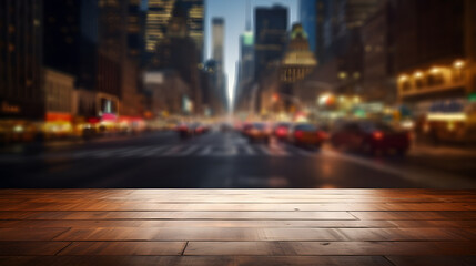Fototapeta na wymiar The empty wooden table top with blur background of street.at night