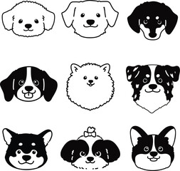 Set of cute and simple dog head illustrations with only outlines