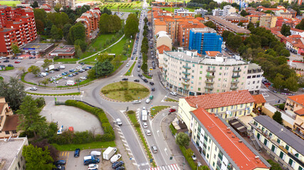 Aerial view on a roundabout in Vimodrone, in the metropolitan city of Milan, Italy. 