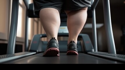 Legs of overweight man walking on treadmill in gym with modern sports equipment. Desire to get rid of fat and mass in adulthood. Hard work to get perfect body and exercise for chubby people concept.
