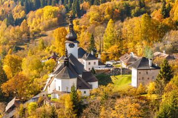 Church in The Spania Dolina village at autumn season, Slovakia, Europe.