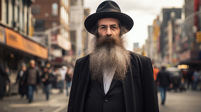 Photo of a Jewish man, a rabbi, on the street.